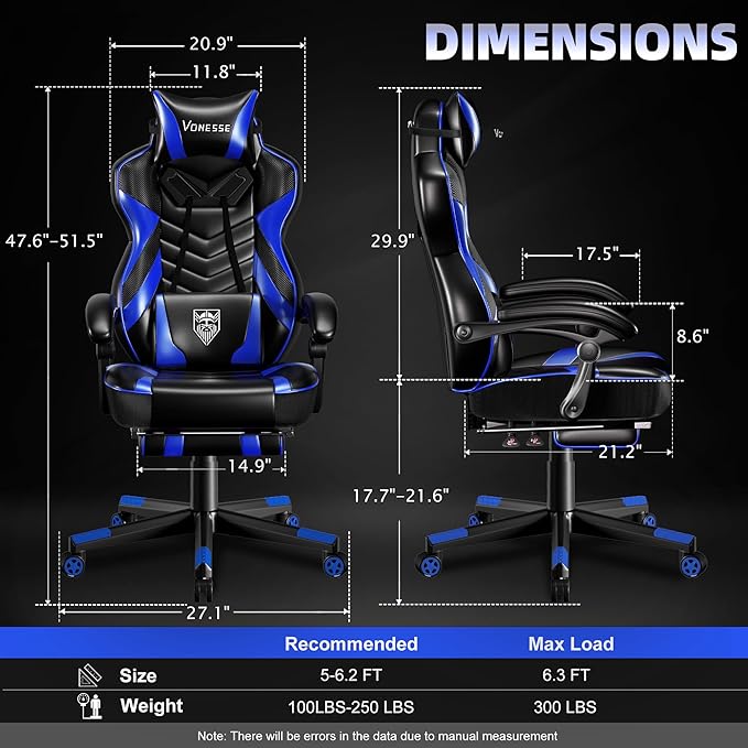 Vonesse Gaming Chair Big and Tall Gaming Chair with Footrest and Massage Gaming Chairs for Adults with Lumbar Support Ergonomic High Back Computer Chair with Pocket Spring Cushion (Black/Blue)