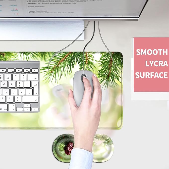 Mouse PadLarge Desk Mat Set 4in1 XL Mousepad + Keyboard Wrist Rest+Mouse Wrist Rest+Coaster with Ergonomic Desk Pad for Home Office Table Computer Cover -Pine Cones on Green Branches