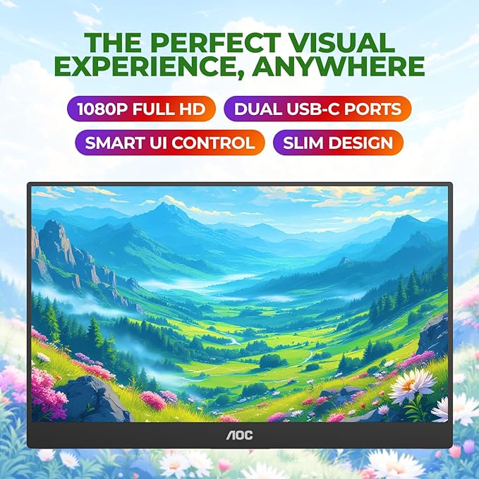 AOC 16T20 Portable Monitor 15.6 FHD 1080p IPS Display USB-C x2 Mini HDMI Built-in Speakers Travel Monitor with Smart Cover Compatible with Laptops MacBook Gaming Console Ready