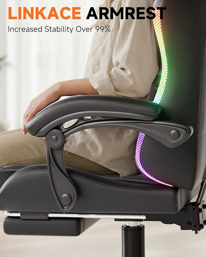 GTPLAYER Gaming Chair Ergonomic Computer Office Chairs for Adults with Footrest Height Adjustable Linkage Armrests 90-155° Recline &amp Headrest Lumbar Support RGB Black