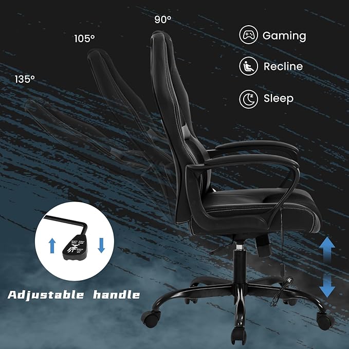 High-Back Racing Gaming Chair with Massage Lumbar Support - Ergonomic Adjustable Swivel - Black PU Leather - Perfect for Home Office or Gaming (Black)