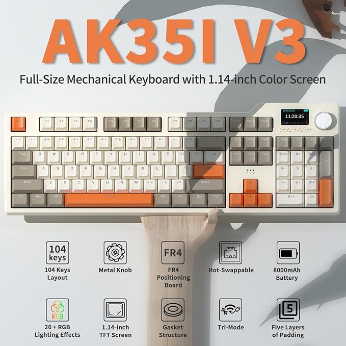 DAIDAI×AJAZZ AK35I V3 Full Size Hot Swap Mechanical Gaming Keyboard with Screen &amp Knob 2.4G/BT/USB-C Gasket Keyboard FR4 Plate 8000mAh Battery South Facing LED RGB (Avocado Axis)