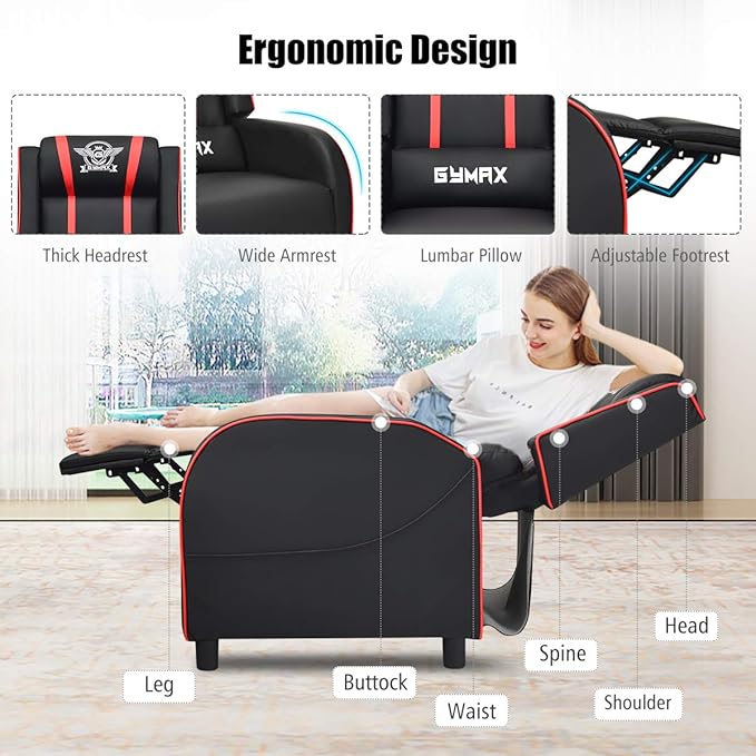 Gaming Recliner Movie Theater Chair w/Adjustable Backrest &amp Footrest Massage Lumbar Pillow Racing Single Sofa PU Leather Reclining Chair for Gaming Room Home Theater (Red)