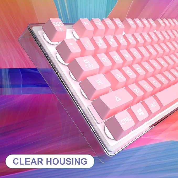 MageGee Gaming Keyboard 7 Solid Colors Backlit Wired Gaming Keyboard with Clear Housing and Double-Shot Keycaps K1 Waterproof Ergonomic 104 Keys Light Up Keyboard for PC Desktop Laptop Pink