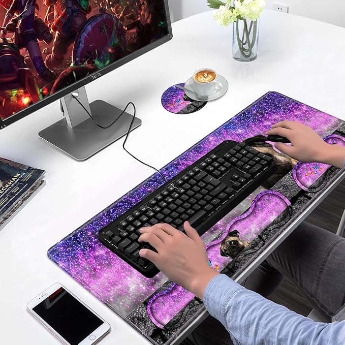 Ergonomic Keyboard Wrist Rest &amp Mouse Pad Wrist Rest Set Large XXL Gaming Desk Mat 31.5x 11.8 with Non-Slip Base Memory Foam Easy Typing Pain Relief for Home &amp Office Cute Pug and Butter