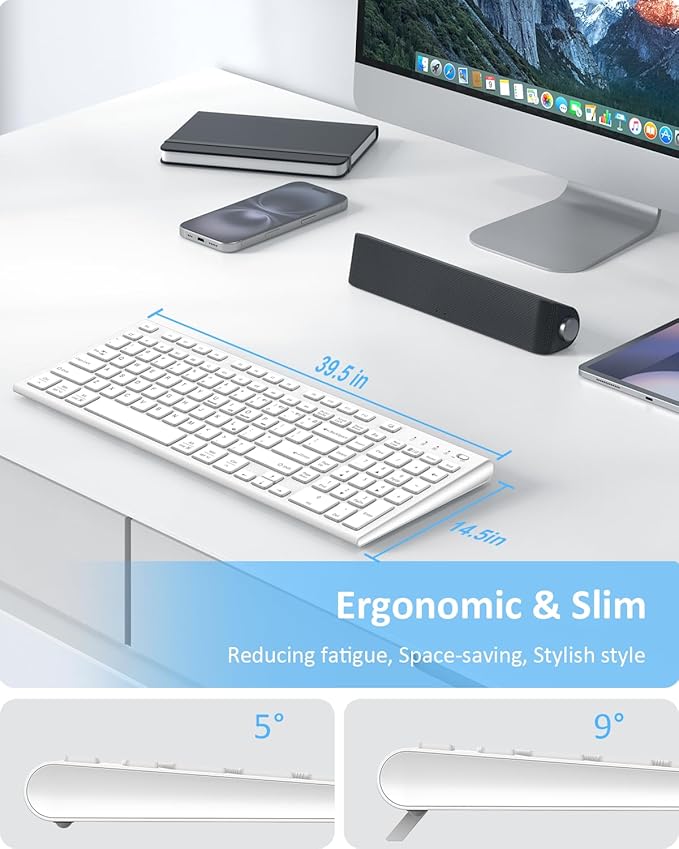FENIFOX Wireless Keyboard Bluetooth &amp 2.4G USB &amp USB-C Rechargeable Silent Ultra Quiet Low Profile Compact Full Size with Number Pad Soft Multi Device for Mac MacBook Windows PC - White