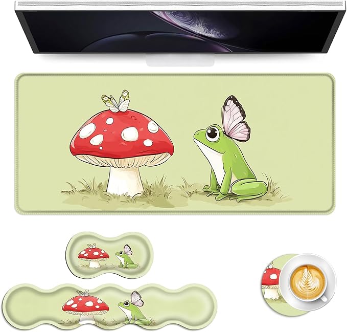 Keyboard Mouse Pad Set Extended Gaming Mouse Pad+Ergonomics Keyboard Wrist Rest Support Memory Foam Easy Typing Pain Relief 4Pcs XL Ultra Thick Desk MatFrog Butterflies Mushroom