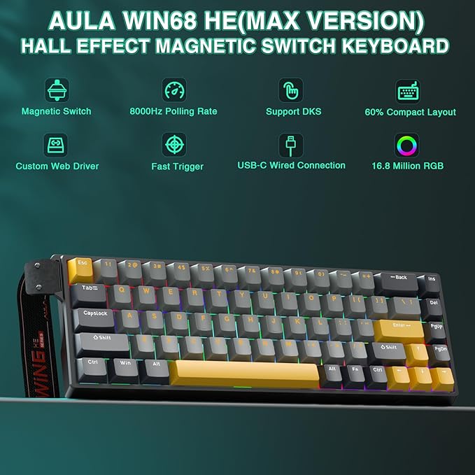 AULA WIN68 HE MAX - Hall Effect Gaming Keyboard with Magnetic Switch Adjustable Actuation Fast Trigger Mode 8KHz Polling Rate RGB Backlit Wired Mechanical Gaming Keyboard 60 Percent