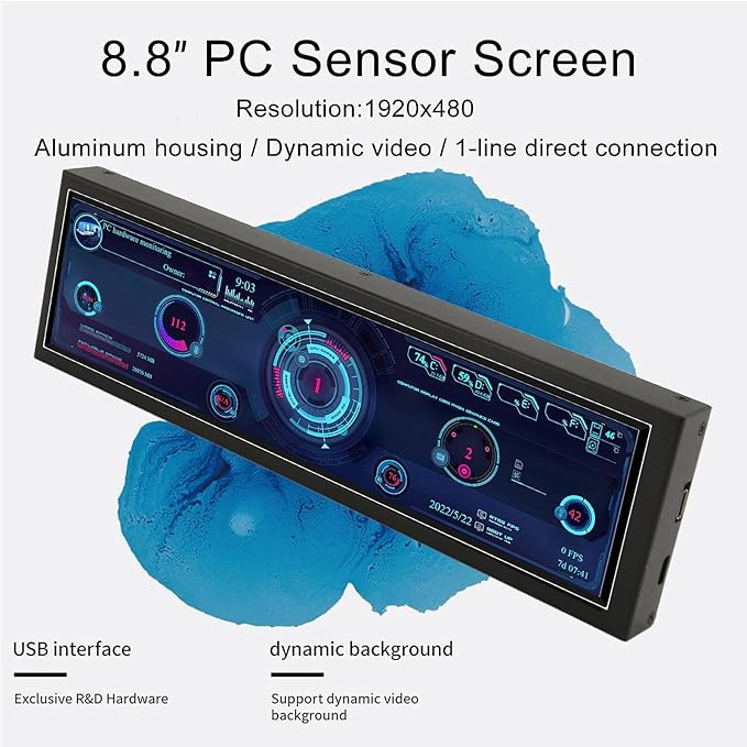 Dpofirs 8.8in USB Mini Screen USB C PC Sensor Panel Display PC CPU Data Monitor PC Computer Temp Mini Secondary Screen for Desktop Chassis (Without Touch)
