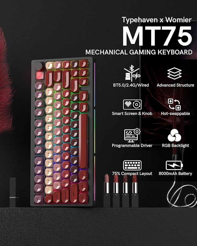 MT75 Lipstick Wireless Mechanical Keyboard 75% Layout Hot Swap Gasket Custom Structure Creamy Pre-lubed Switches Gaming Keyboard with MOA Jelly Keycaps RGB Backlit BT5.0/2.4G/USB-C Mode