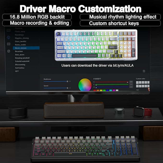 AULA F99 Wireless Mechanical KeyboardGasket Structure Hot Swappable Custom KeyboardRGB BacklitCreamy SoundSide Printed PBT Keycaps2.4GHz/USB-C/BT5.0 Computer Gaming Keyboards