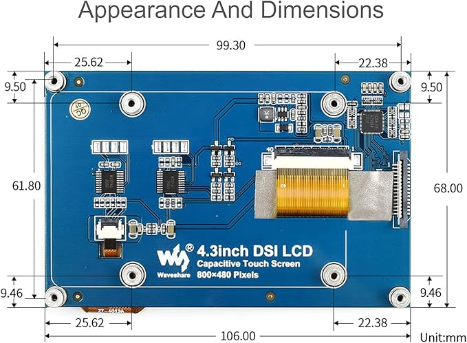 Waveshare 4.3 Inch DSI LCD Screen for Raspberry Pi 4B/3B+/3A+/3B/2B/B+/A+ Touch Screen 800×480 Monitor IPS Capacitive Screen with MIPI DSI Interface