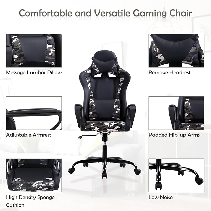 Gaming Chair High Back PU Leather Gaming Chairs Computer Chair with Armrest Headrest and Lumbar Support for Kids Teen Adults Men Women Height Adjustable Gamer Chair Computer Chairs for Adults