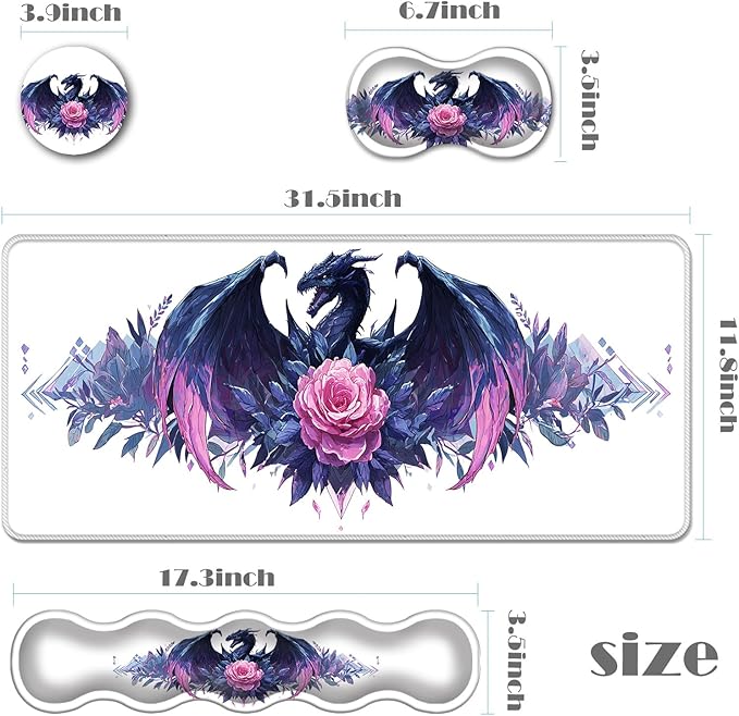 Ergonomic Keyboard Wrist Rest &amp Mouse Pad Wrist Rest SetXL Gaming Desk Mat 31.5x 11.8Non-Slip BaseMemory FoamEasy Typing Pain Relief for Office &amp HomeBlue Dragon with Pink Rose