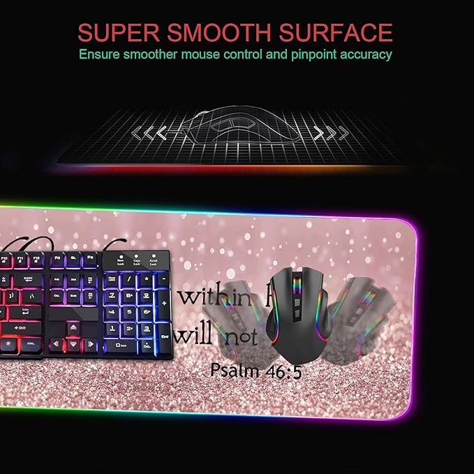 RGB Gaming Mouse Pad with Coffee Coaster XXL Large Glowing LED Mousepad Anti-Slip Rubber Base Computer Keyboard Desk Mouse Mat 31.5 X 11.8 Inch - Quote Bible Verse Psalm 46:5