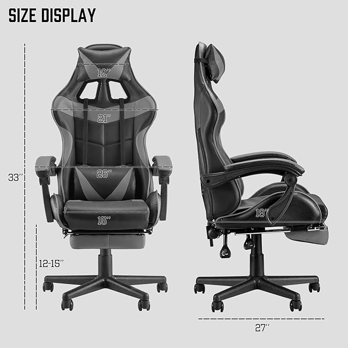 Huracan Gaming Computer Chair with Footrest Adjustable Video Game Chairs for Adults Heavy Duty Office Chair with Headrest and Lumbar Support Grey