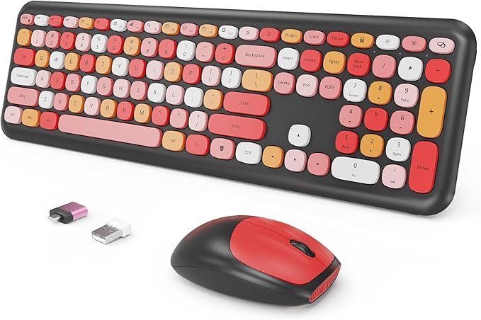 Wireless Keyboard and Mouse Combo Colorful Ergonomic Full Size Retro Low-Noise Keyboard with Cute keycaps Compatible with Windows PC Perfer for Home and Office Keyboards (Black)