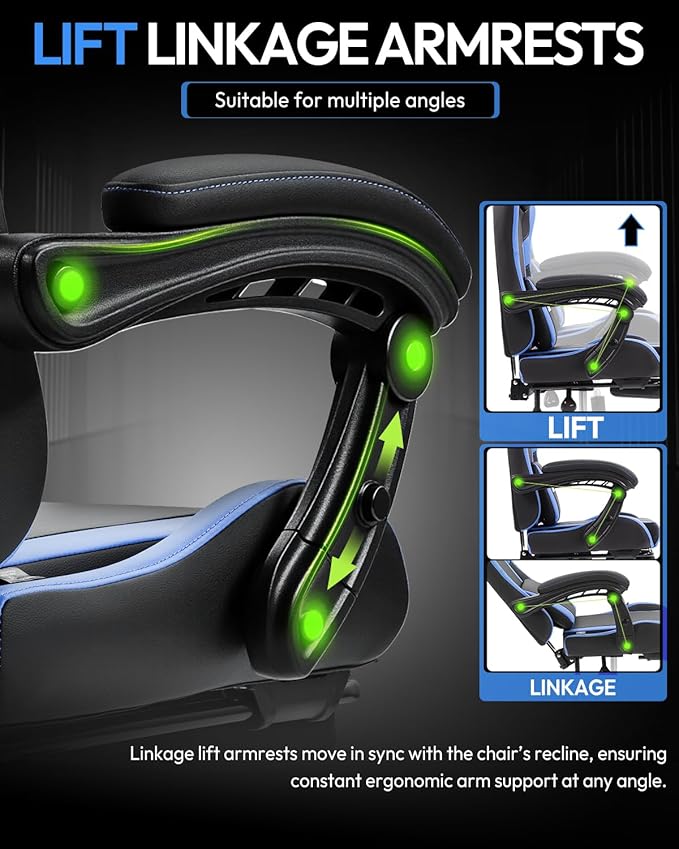 Dowinx Ergonomic Gaming Chair with Footrest &amp Massage Lumbar 2D-Linkage Armrests for Computer Chair 330lbs with Headrest Pillow for Office Home Streaming and Long Gaming Sessions Blue