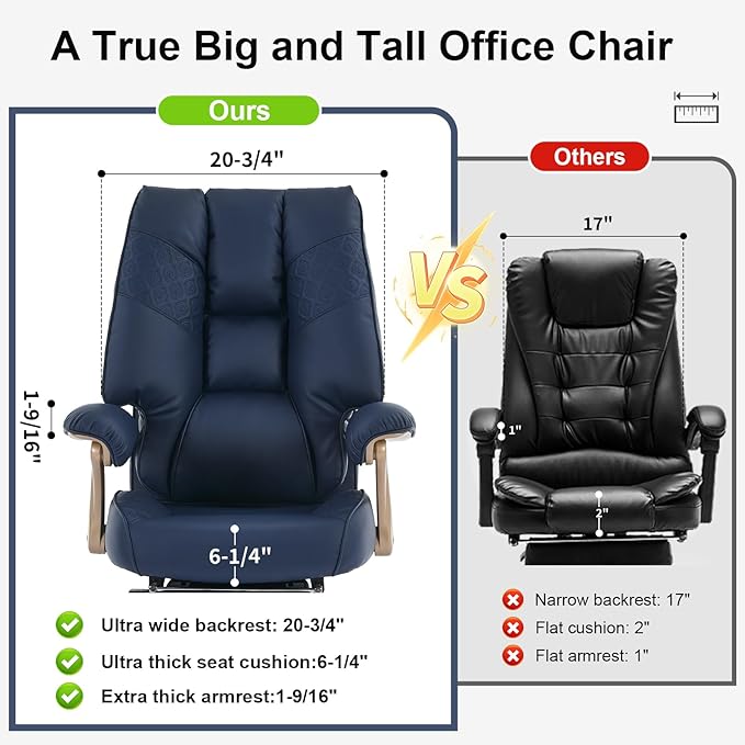 Big and Tall Executive Office Chair with Footrest 400LBS Capacity Ergonomic High-Back Desk Office Chair with Lumbar Support Padded Armrests &amp Thick Cushion Blue PU Leather Chairs