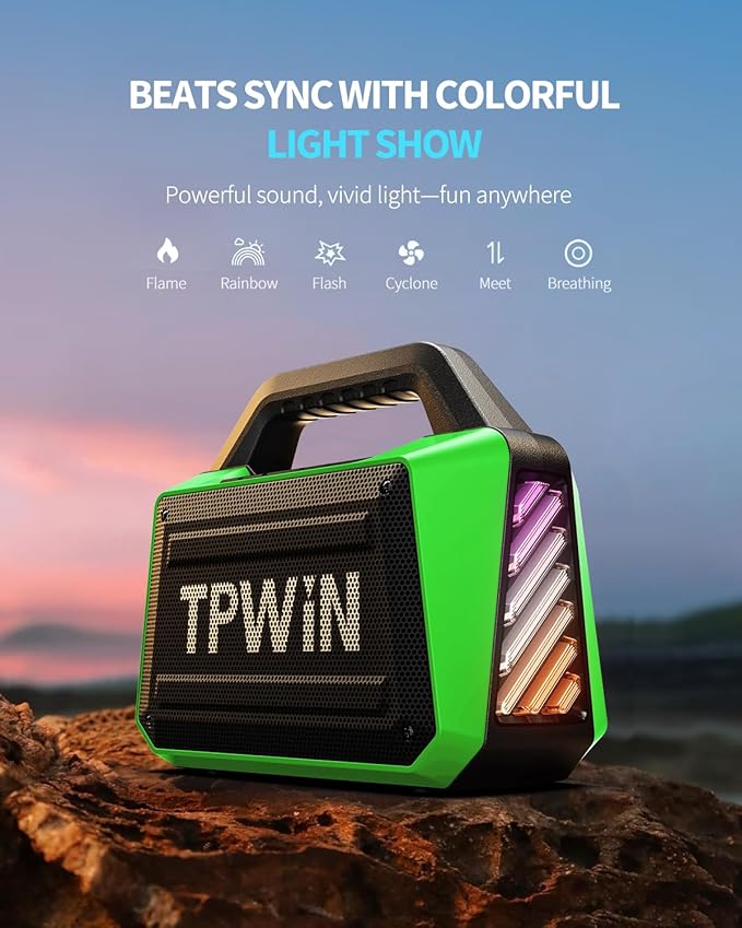 Bluetooth Speaker - 80W Loud Rugged Outdoor Speakers IPX6 Waterproof 20H Playtime Deep Bass Lightshow TWS BT 5.3 Wireless Portable for Travel Hiking Camping Beach Pool - Green