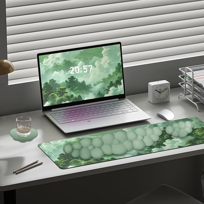 Gaming Desk Mat with Keyboard Wrist Rest Set 4 in 1 Large Mouse Pad &amp Cloud Keyboard Wrist Rest&amp Mouse Wrist Rest&ampCoaster Comfort and Support for Typing and Gaming（Green