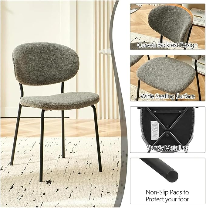 Adjustable Office Computer Chair with Armrest 2pcs Grey Round Kitchen Dining Chairs with Curved Bacekrest Black Metal Legs