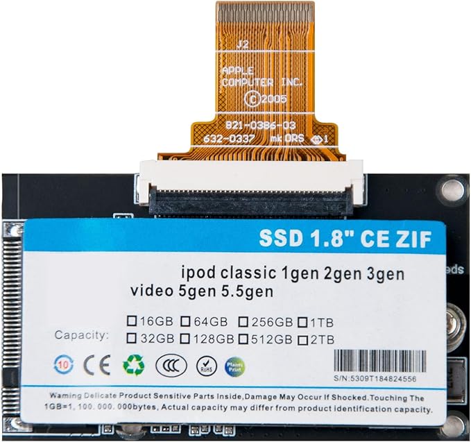 The MK1634GAL 512GB ZIF SSD is suitable for iPod 5th-7th Generation enhancing performance compatible with classic models easy to expand capacity designed specifically for classic logic boards.