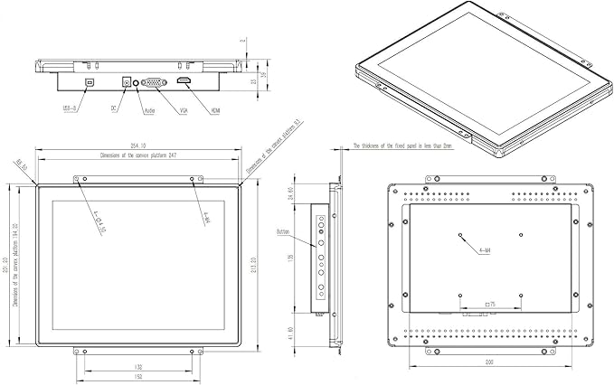 10.4 Inch Open Frame Capacitive Touchscreen Monitor 1024x768 Resolution 4:3 Aspect Ratio WaterproofVESA+Panel Mount for Kiosk Automation POSVendingHMI and Digital Signage 7x24h Work