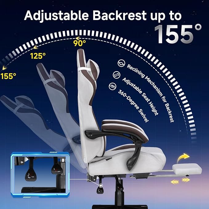 GTPLAYER Gaming Chair Video Game Chairs with Footrest and Lumbar Support Computer Chair for Adults with Extended Backrest Ergonomic Reclining Silla Gamer Fabric Brown