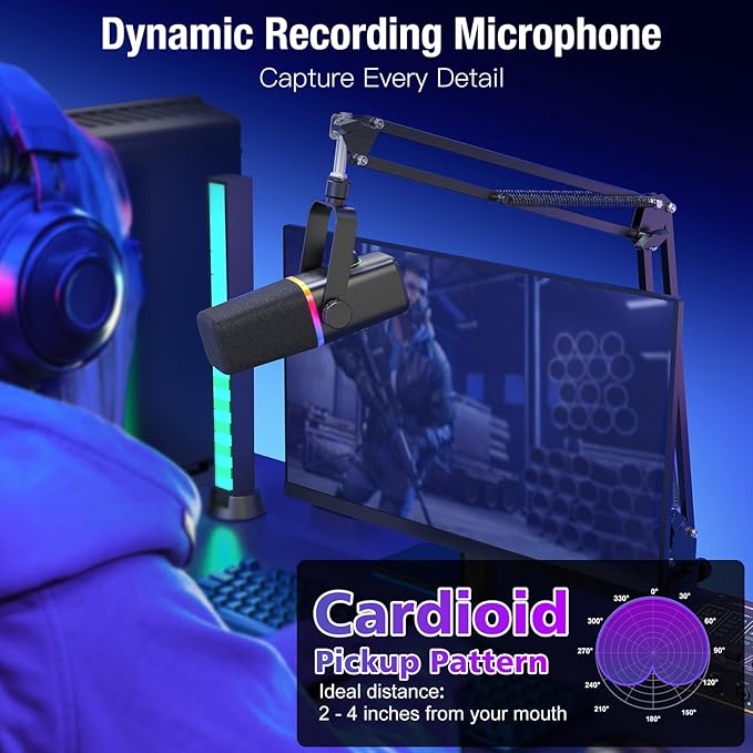 ZealSound XLR/USB Dynamic Microphone for Gaming PodcastMic for iPhone Phone PC Computer Gaming Streaming Microphone with RGB LightMute ButtonMic GainHeadphones JackBoom Arm StandSinging YouTube