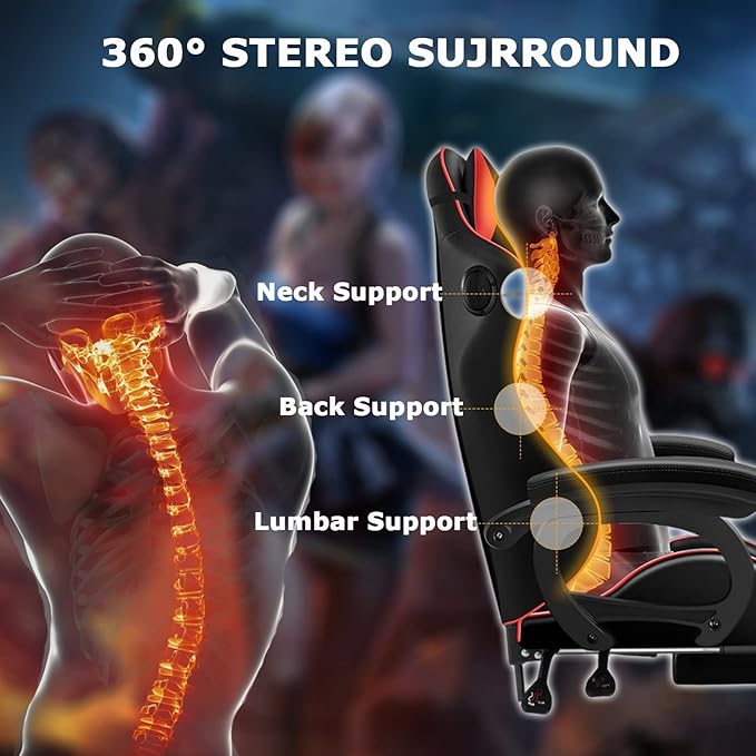 RGB Computer Chair with Footrest Full Massage Gaming Chair with Speakers Video Game Chair with Lumbar Support Headrest PU Leather 360°Swivel Recliner Chair High Back Office Chair for GamingPink