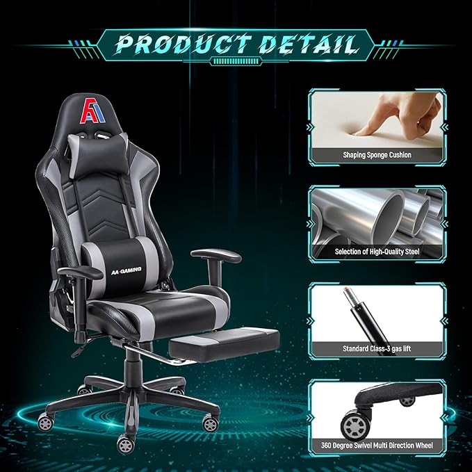 AA Products Gaming Chair Ergonomic High Back Computer Racing Chair Adjustable Office Chair with Footrest Lumbar Support Swivel Chair - Upgraded Version BlackGrey