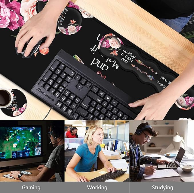 Large Mouse Pad with Wrist Support SetMemory Foam Keyboard Wrist Rest +XXL Extended Gaming Mouse Pad + Ergonomic Mouse Wrist PadPeony Flower Inspirational Quotes Office Black Desk Pad for Women Men