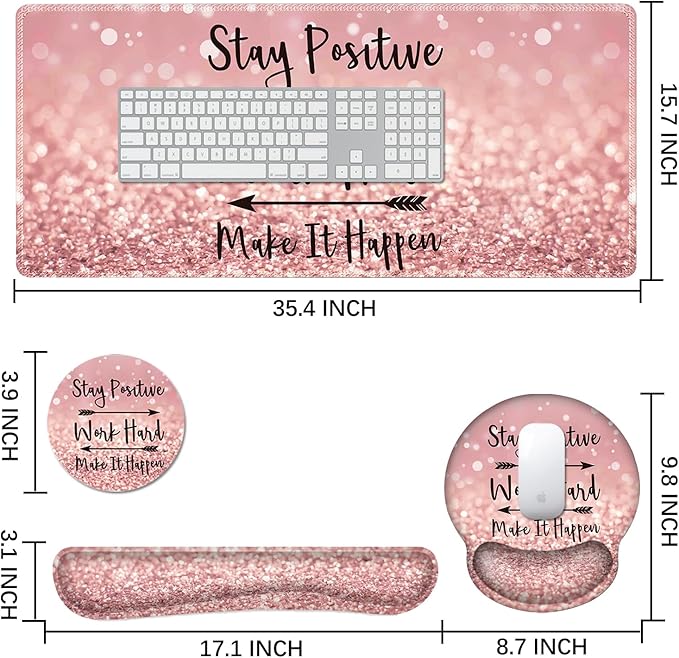 DINKY Large Gaming Mouse Mat and Mouse Pad Wrist Keyboard Wrist Rest Set Anti-Slip Base Mousepad + Coaster 35.4 x 15.80-inch Ergonomic Wrist Support for Home Working Gaming-PinkQuote
