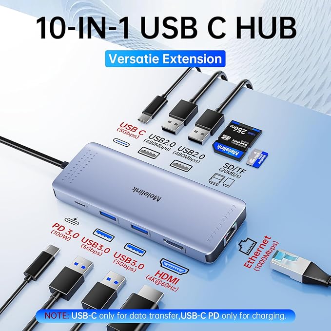 USB C Hub Ethernet 10 in 1 USB-C to HDMI 4K@60 Adapter with Gigabit Ethernet 100W PD USB-A&ampC Data Ports and SD/TF Slot USBC Dock MultiPort Dongle for MacBook Dell HP Lenovo etc