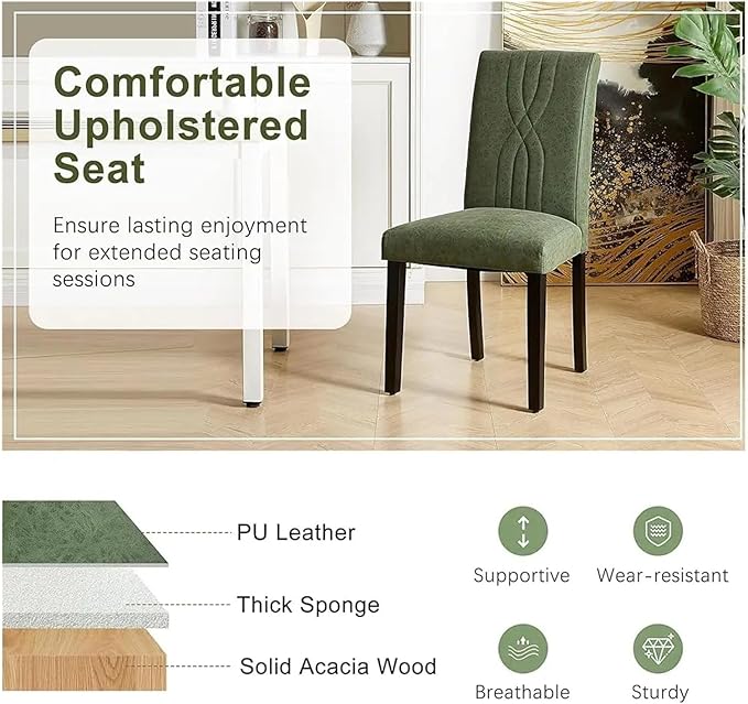 Adjustable Office Computer Chair with Armrest 1pcs Green Leather Upholstered Dining High Back Chair Solid Wood Legs for Kitchen Living Room