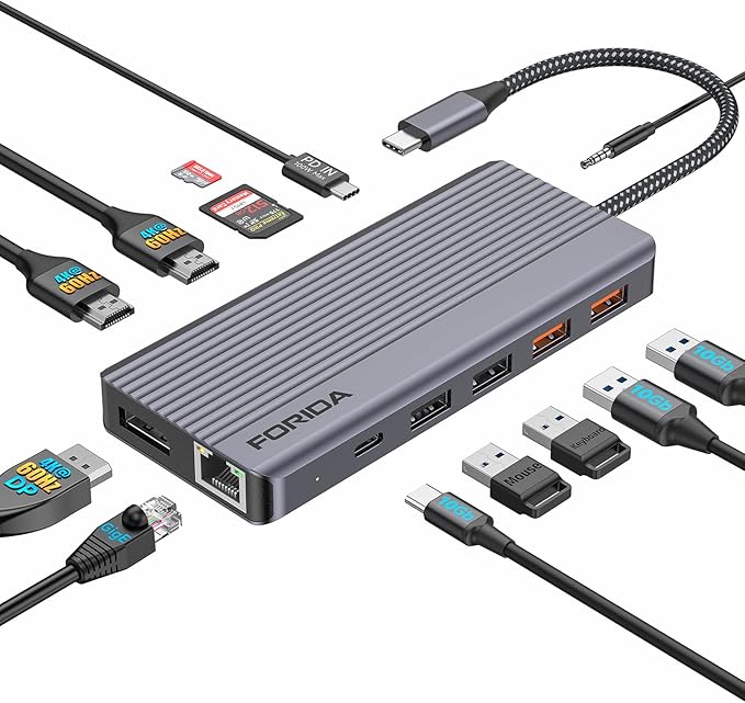 Docking Station Triple Monitors 13 in 1 USB C Dock with Dual 4k@60HZ HDMI DisplayPort100W PD 3 USB 3.2 Ports Ethernet SD TF Card Reader Audio USB C Data Port for MacBook/Dell/HP/Lenovo Laptop