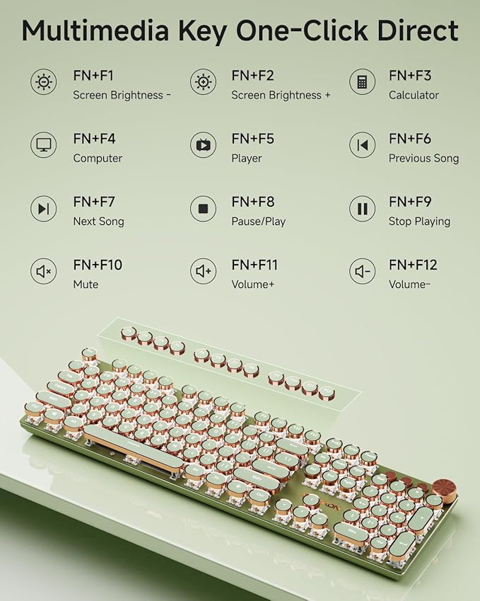 EWEADN Typewriter Style Mechanical Keyboard Wired Typewriter Keyboards104 Keys Backlit LED Metal Keyboards Media Control Knob Wired Computer Keyboard Pink Switch for Windows/Mac/PC-Green
