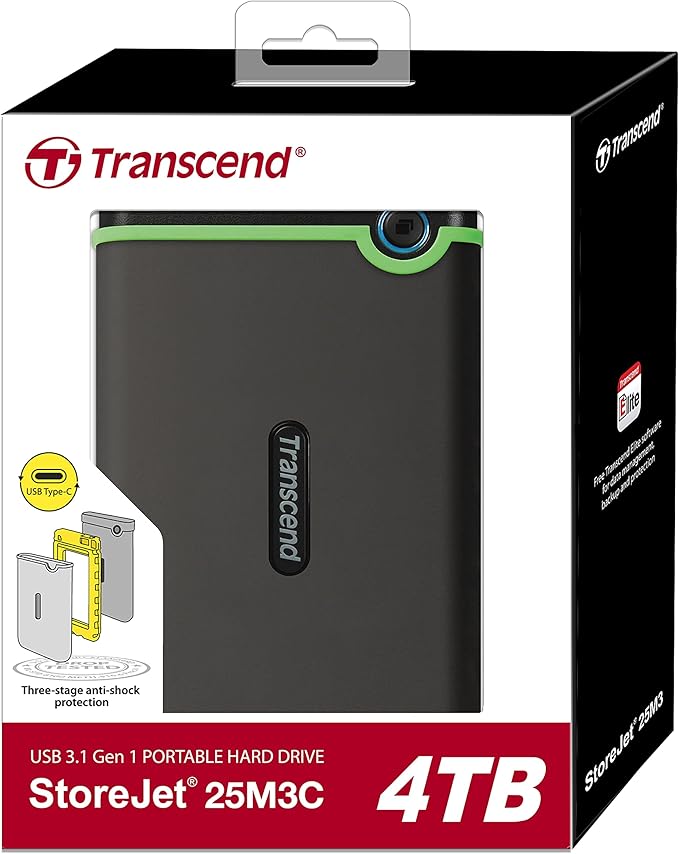 Transcend StoreJet 4TB Rugged External Hard Drive USB3.1(5Gbps) Type-C Portable HDD One Touch Auto-Backup Button/Anti-Shock Resistant/Compact&ampLightweight&ampLightning Fast-Speed Iron Grey-TS4T