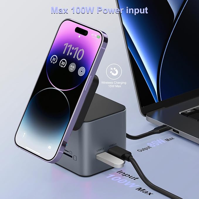 USB C Laptop Docking Station with MagSafe Charger Stand 9 in 1 USB C Hub Multiport Adapter with 4K HDMI 1Gbps Ethernet 3 USB 3.0 SD/TF Compatible with MacBook/Dell/HP/Lenovo/iPhone (Dark Gray)
