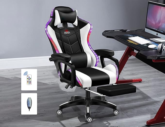 Gaming Chair with LED Lights and Speakers Music Video Chair for Adults with Massage and Footrest Ergonomic Chair with Headrest and Lumbar Support Maximum Load 150KG. (Black+White)