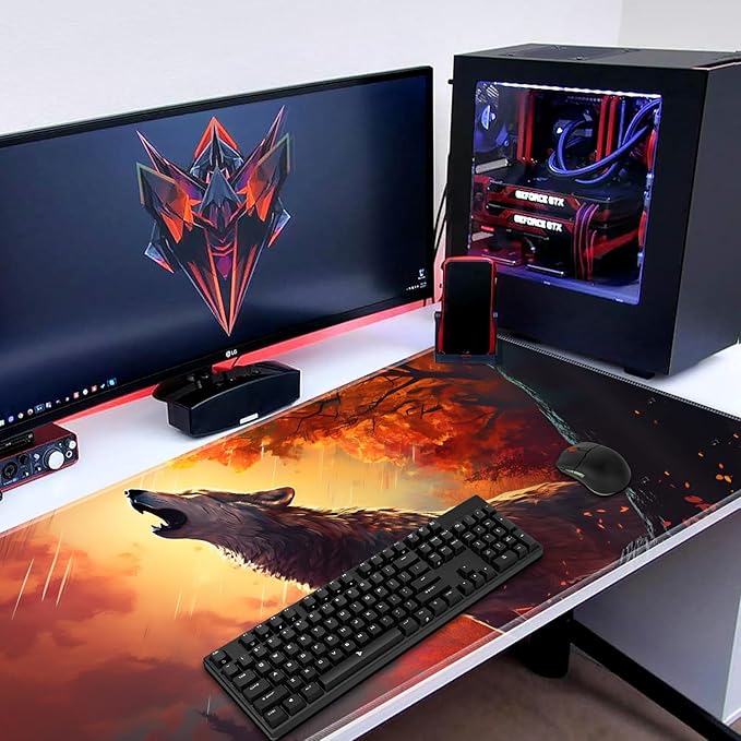 Mouse Pad Set Large Gaming Mouse Pad (31.5X 11.8 inches)+ Wrist Rest Pad + Coaster Ergonomic Wrist pad Home Office Desk Accessories Decor Supplies Wolf Howling Under The Moon