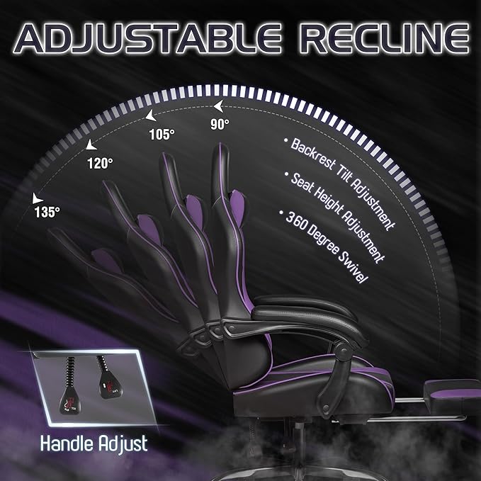 Homall Gaming Chair Video Game Chair with Footrest and Massage Lumbar Support Ergonomic Computer Chair Height Adjustable with Swivel Seat and Headrest (Purple)