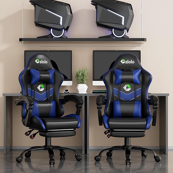 Gaming Chair with Footrest Racing Style Lumbar Support Massager Video Game Chair with Metal Legs High Back Gamer Chair with Headrest 360° Swivel Office Computer Desk Chair Bright Blue