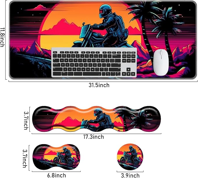 Keyboard Mouse Pad SetLarge Mouse Pad+Keyboard Wrist Rest+Wrist Support+Coaster31.5x11.8in Extended Desk Mat for Computer Laptop Office Home-Vintage Motorcycle Boy