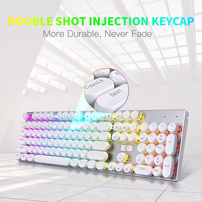 HUO JI E-Yooso Z-88 Wired Typewriter Style Mechanical Gaming Keyboard Programmable RGB Backlit Blue Switches - Clicky USB-C Cable Metal Panel 104 Double-Shot Keycaps for PC White