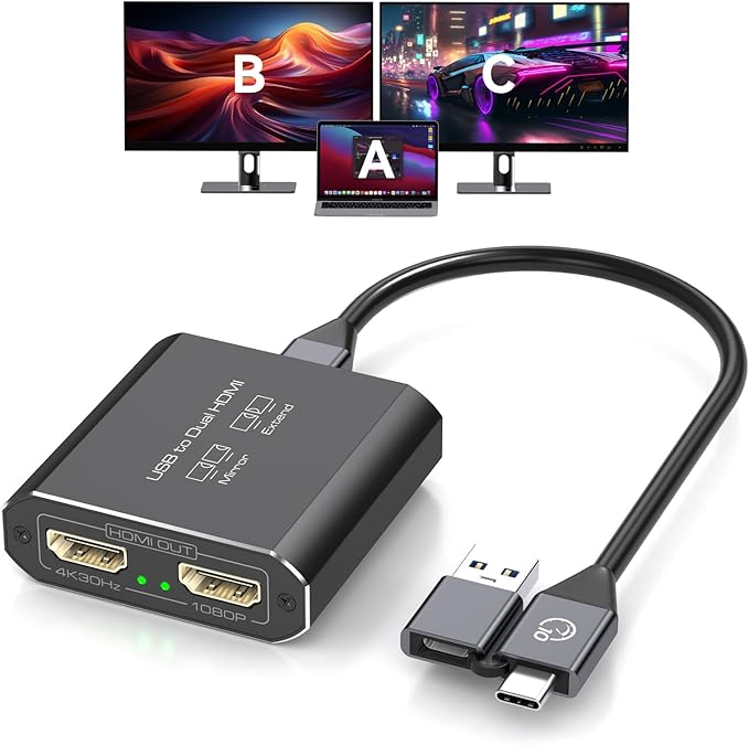 HDMI Splitter Extended Display for Dual Monitor USB A &amp C to 2 hdmi Adapter 1 in 2 Out for Laptop Mac Triple Set Support MST &amp SST Modes 4K@30Hz Out 1 1080p Out 2