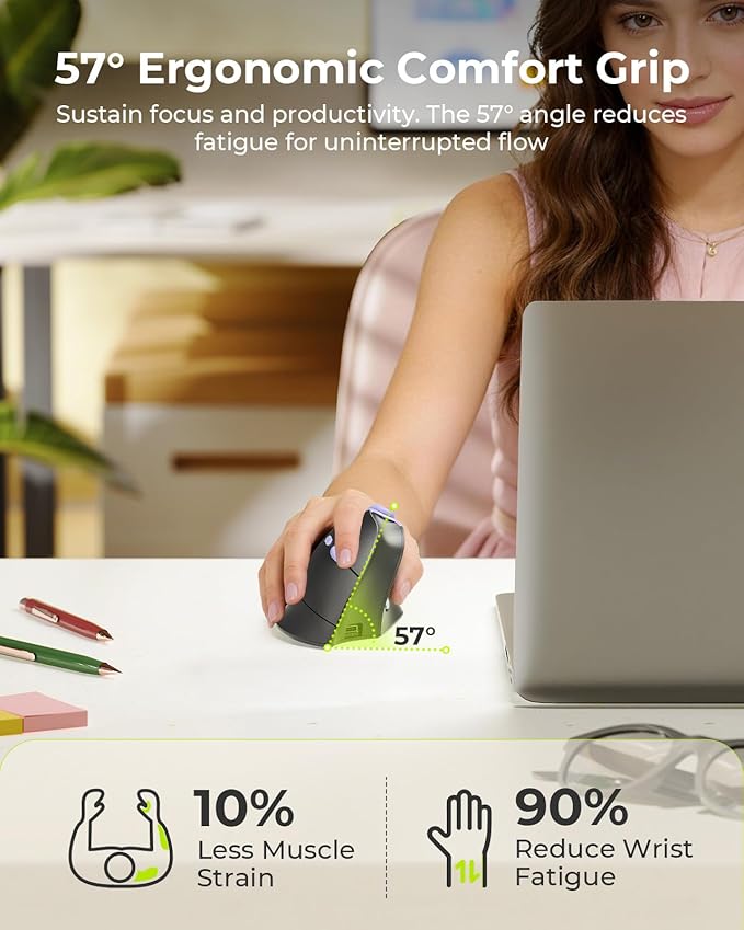 seenda Ergonomic Mouse Wireless MOU-302 Bluetooth Vertical Mouse Rechargeable Optical Mice with 1000/1600/2400 DPI Volume Knob 3 Multi-Device Connectivity for Computer/PC/Laptop/Mac Black Purple