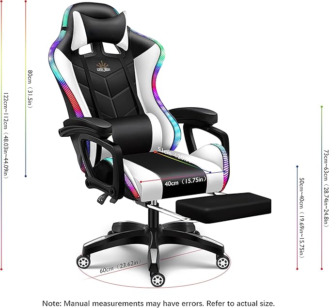 RGB Gaming Chair with Massage and Footrest Ergonomic Pro Computer Chair with LED Lights and Speakers High Back Music Video Chair with Lumbar Support and Headrest for Adult Teens. (Black + White)