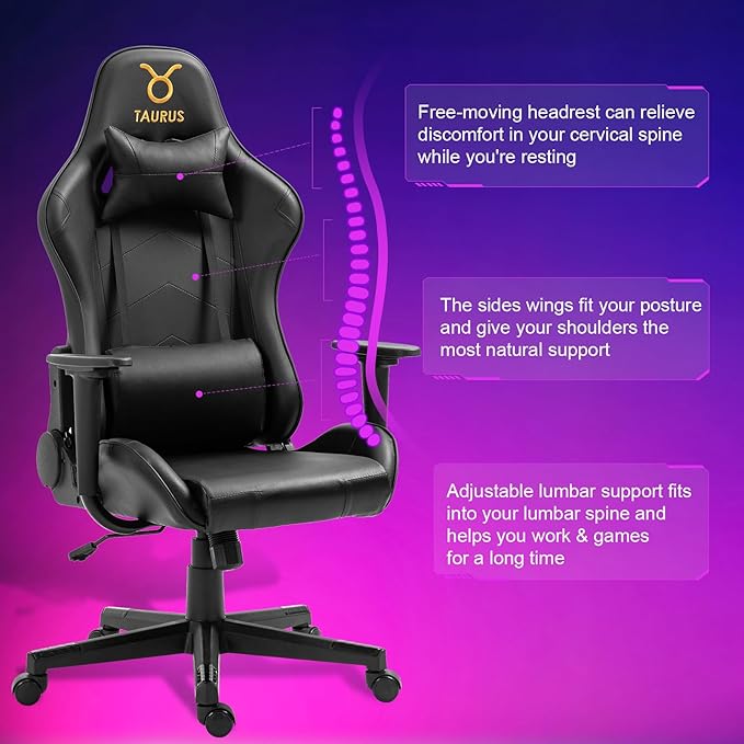 DIKEP Computer Gaming Chair Ergonomic Office Chair with Headrest and Lumbar Support PVC Leather Adjustable Swivel Rolling Chair with Wheels Black